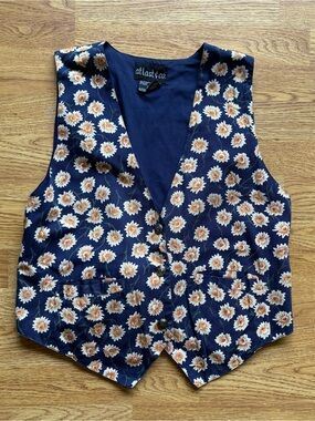 At Last & Co Navy Yellow Floral Sunflower Button Vest Back Tie 90s Y2K Sz L